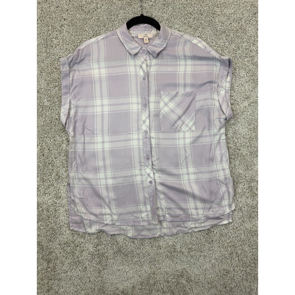 Como Vintage Women's M Lavender Plaid Button Down Shirt Rayon Pocket Blouse